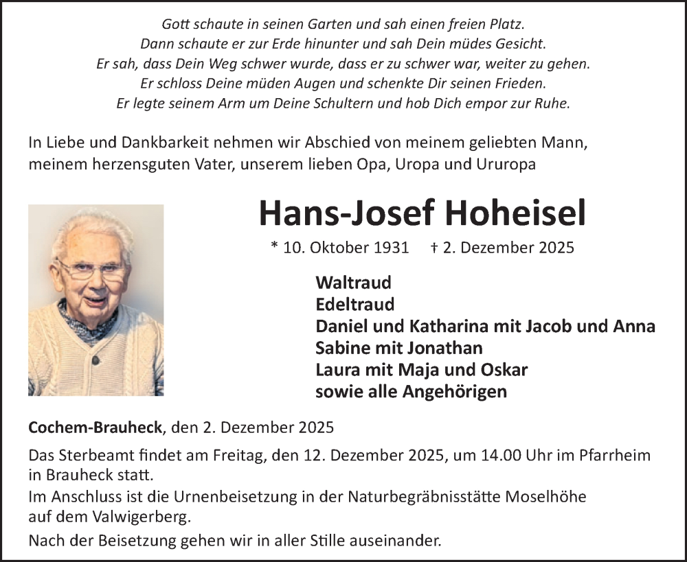  Traueranzeige für Hans-Josef Hoheisel vom 10.12.2025 aus WochenSpiegel