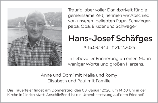Traueranzeige von Hans-Josef Schäfges von WochenSpiegel