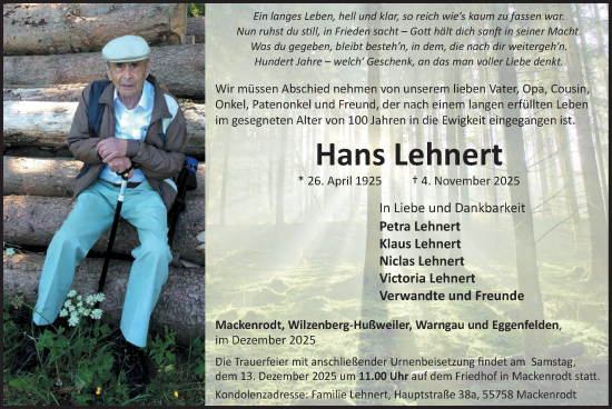Traueranzeige von Hans Lehnert von WochenSpiegel