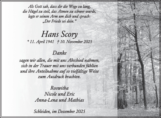 Traueranzeige von Hans Scory von WochenSpiegel