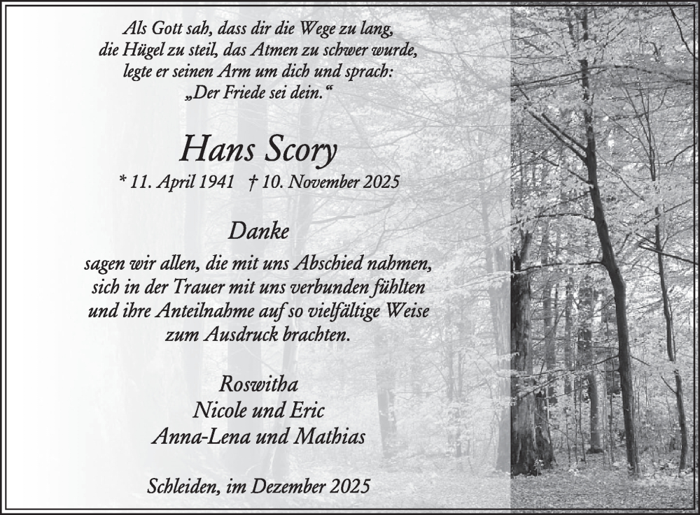  Traueranzeige für Hans Scory vom 17.12.2025 aus WochenSpiegel
