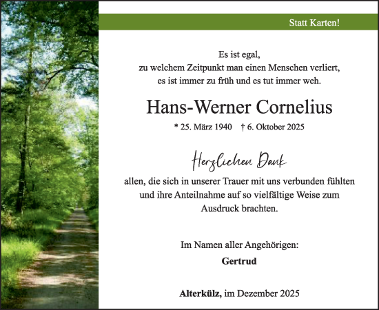 Traueranzeige von Hans-Werner Cornelius von WochenSpiegel