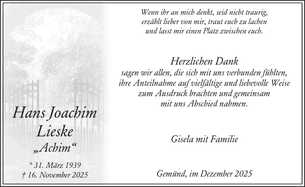  Traueranzeige für Hans Joachim Lieske vom 10.12.2025 aus WochenSpiegel