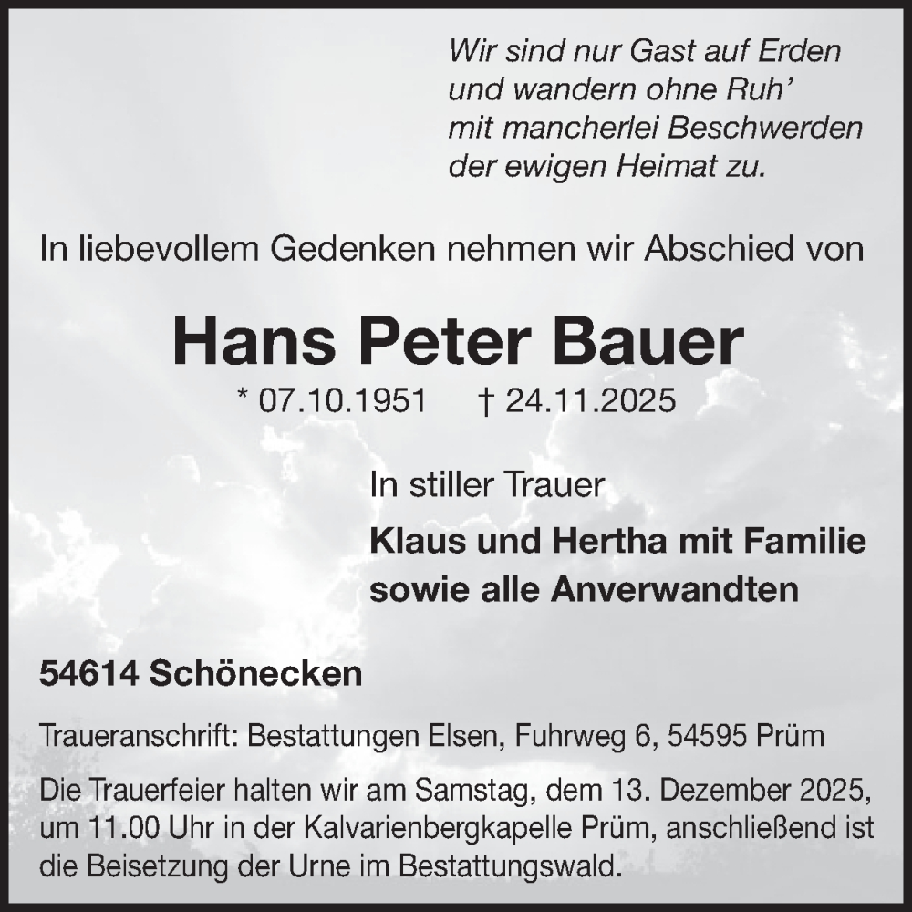  Traueranzeige für Hans Peter Bauer vom 05.12.2025 aus WochenSpiegel