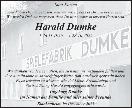 Traueranzeige von Harald Dumke von WochenSpiegel