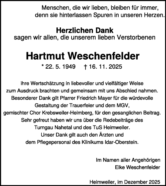 Traueranzeige von Hartmut Weschenfelder von WochenSpiegel