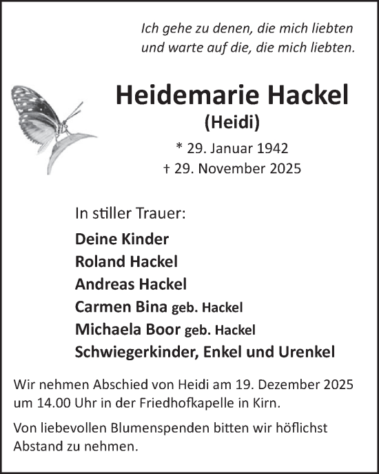 Traueranzeige von Heidemarie Hackel von WochenSpiegel