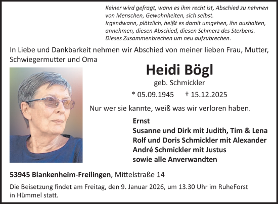 Traueranzeige von Heidi Bögl von WochenSpiegel