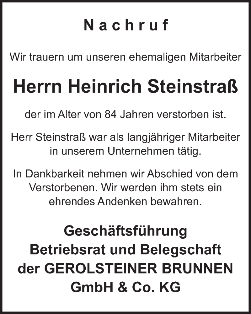  Traueranzeige für Heinrich Steinstraß vom 06.12.2025 aus WochenSpiegel