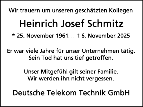 Traueranzeige von Heinrich Josef Schmitz von WochenSpiegel
