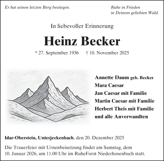 Traueranzeige von Heinz Becker von WochenSpiegel