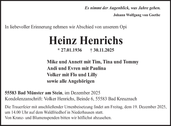 Traueranzeige von Heinz Henrichs von WochenSpiegel