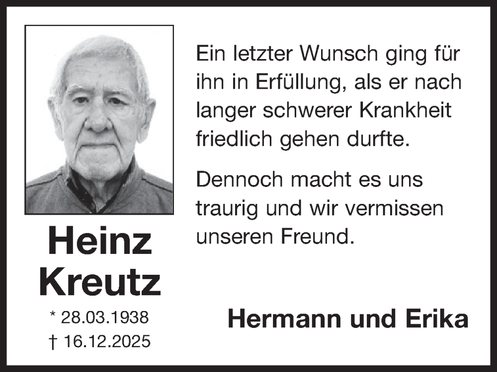  Traueranzeige für Heinz Kreutz vom 24.12.2025 aus WochenSpiegel