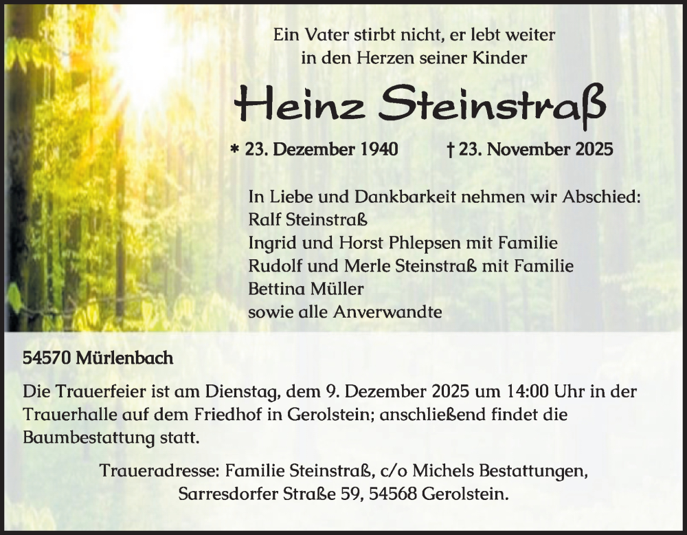  Traueranzeige für Heinz Steinstraß vom 06.12.2025 aus WochenSpiegel