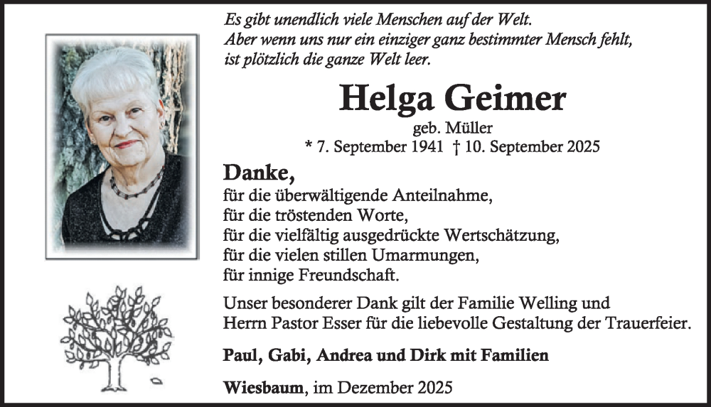  Traueranzeige für Helga Geimer vom 13.12.2025 aus WochenSpiegel