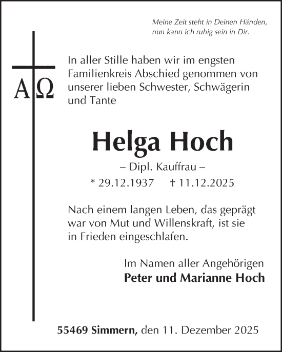 Traueranzeige von Helga Hoch von WochenSpiegel