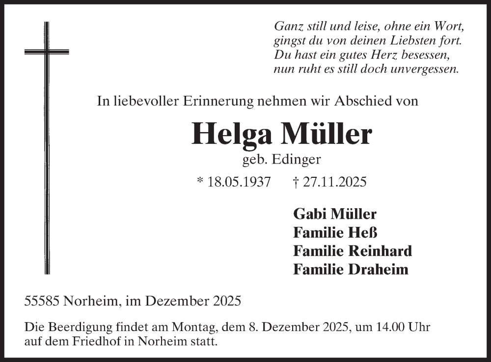  Traueranzeige für Helga Müller vom 06.12.2025 aus WochenSpiegel