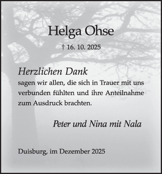 Traueranzeige von Helga Ohse von WochenSpiegel