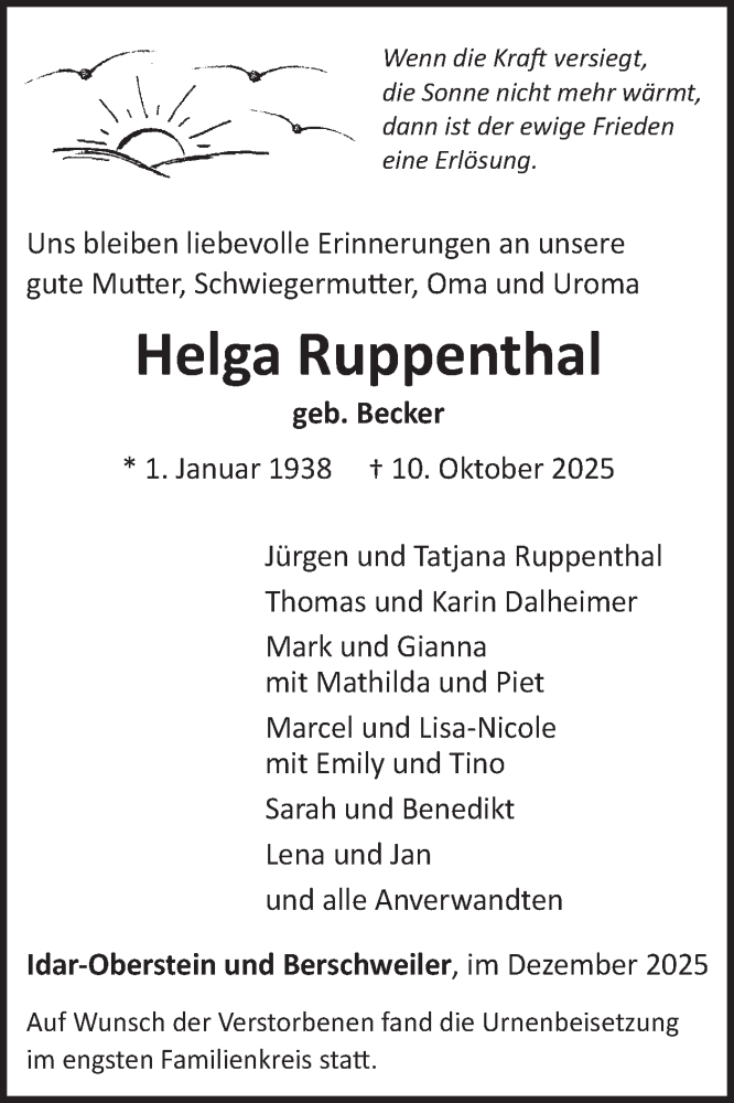 Traueranzeige für Helga Ruppenthal vom 06.12.2025 aus WochenSpiegel