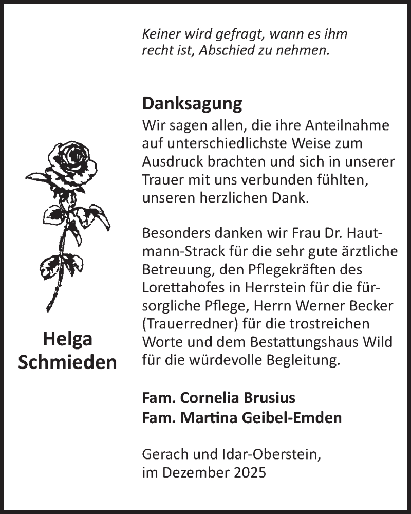  Traueranzeige für Helga Schmieden vom 20.12.2025 aus WochenSpiegel