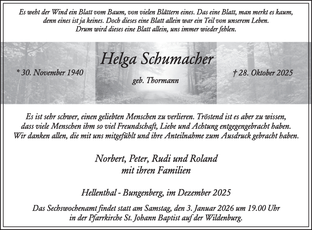  Traueranzeige für Helga Schumacher vom 24.12.2025 aus WochenSpiegel