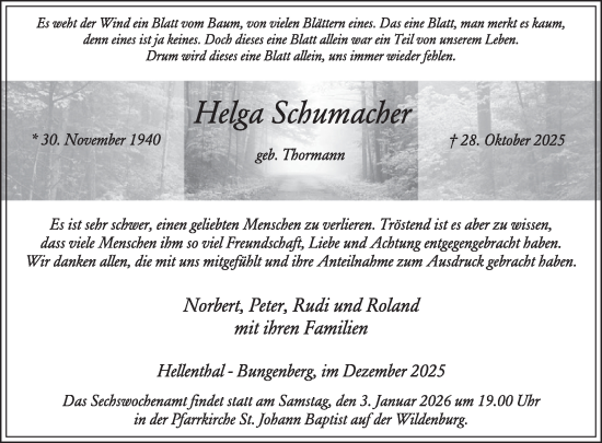 Traueranzeige von Helga Schumacher von WochenSpiegel