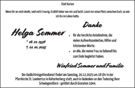 Traueranzeige von Helga Sommer von WochenSpiegel