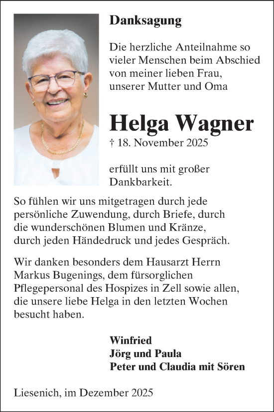 Traueranzeige von Helga Wagner von WochenSpiegel