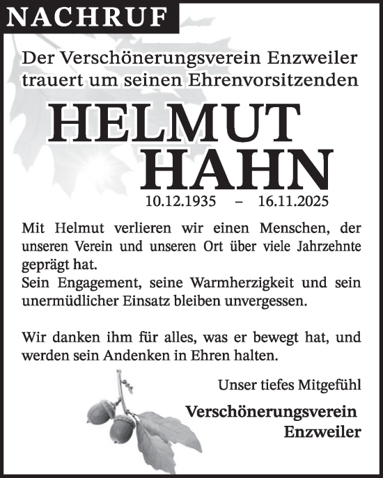 Traueranzeige von Helmut Hahn von WochenSpiegel