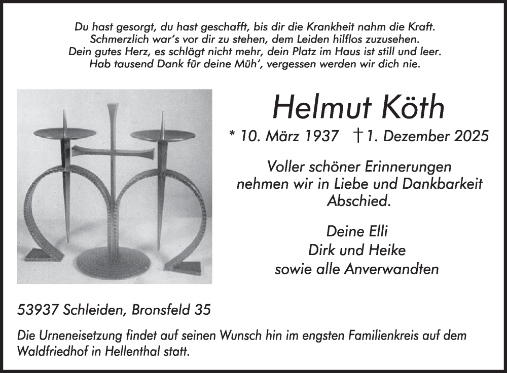  Traueranzeige für Helmut Köth vom 10.12.2025 aus WochenSpiegel