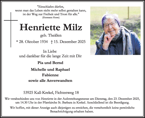 Traueranzeige von Henriette Milz von WochenSpiegel