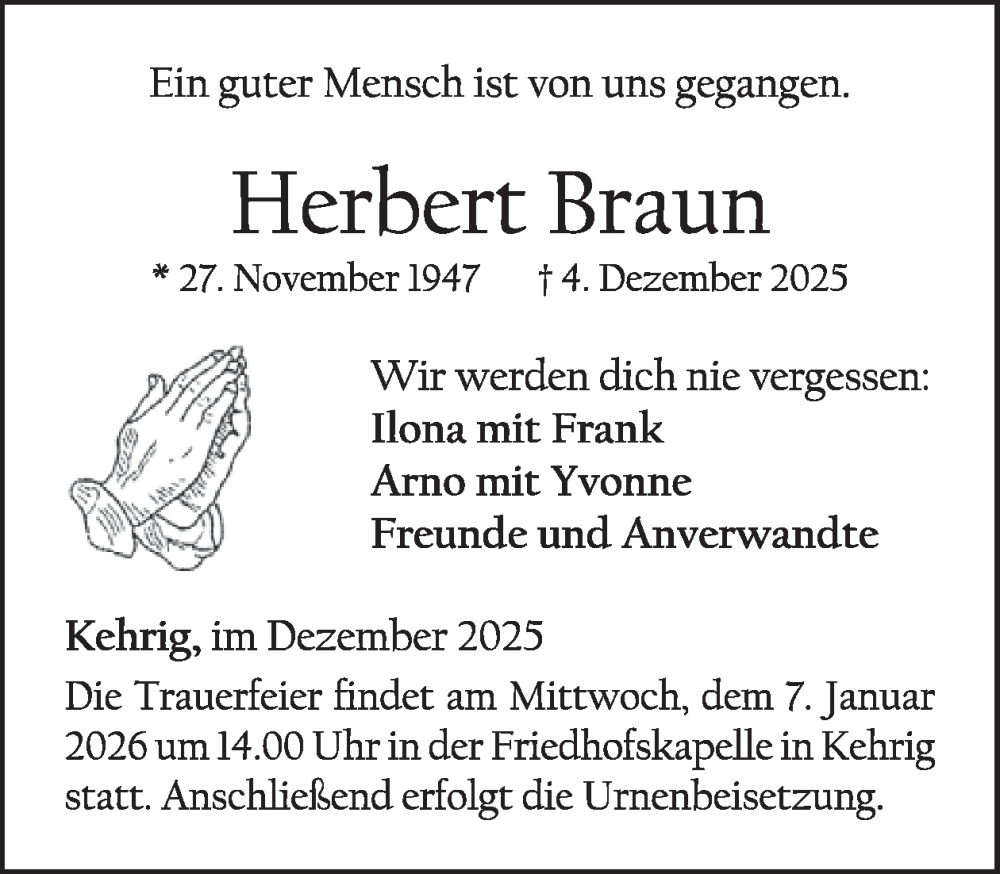  Traueranzeige für Herbert Braun vom 31.12.2025 aus WochenSpiegel