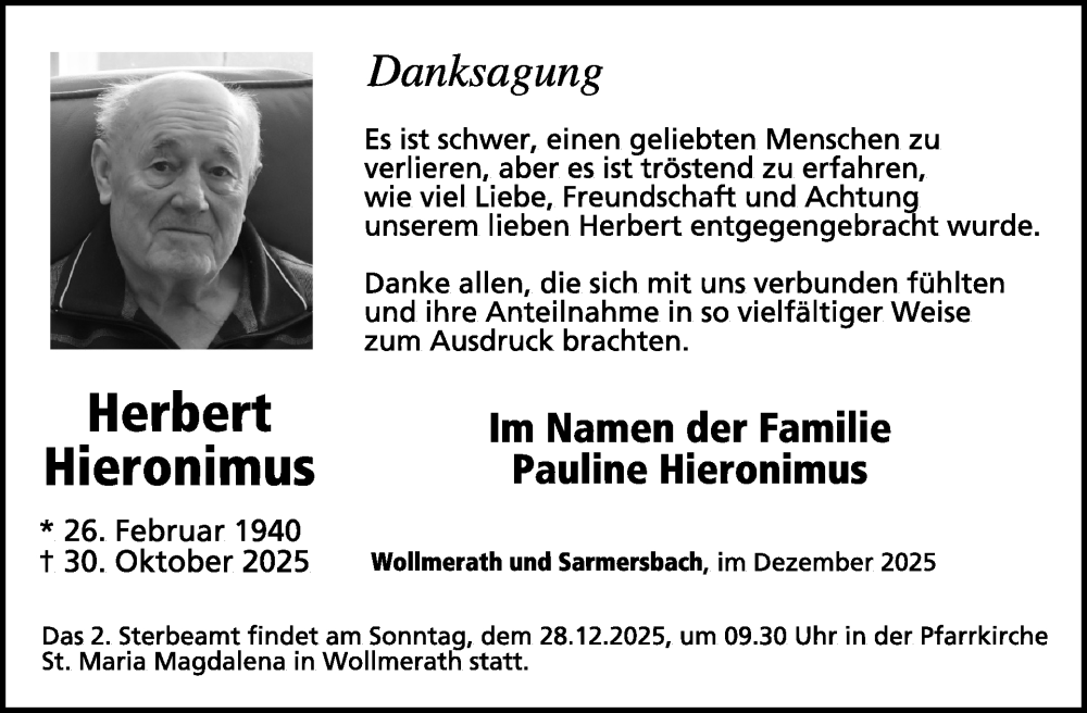  Traueranzeige für Herbert Hieronimus vom 03.12.2025 aus WochenSpiegel