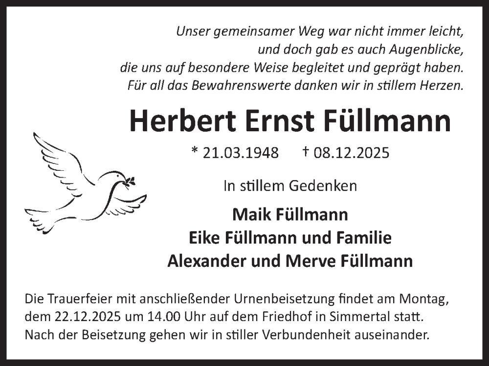  Traueranzeige für Herbert Ernst Füllmann vom 20.12.2025 aus WochenSpiegel