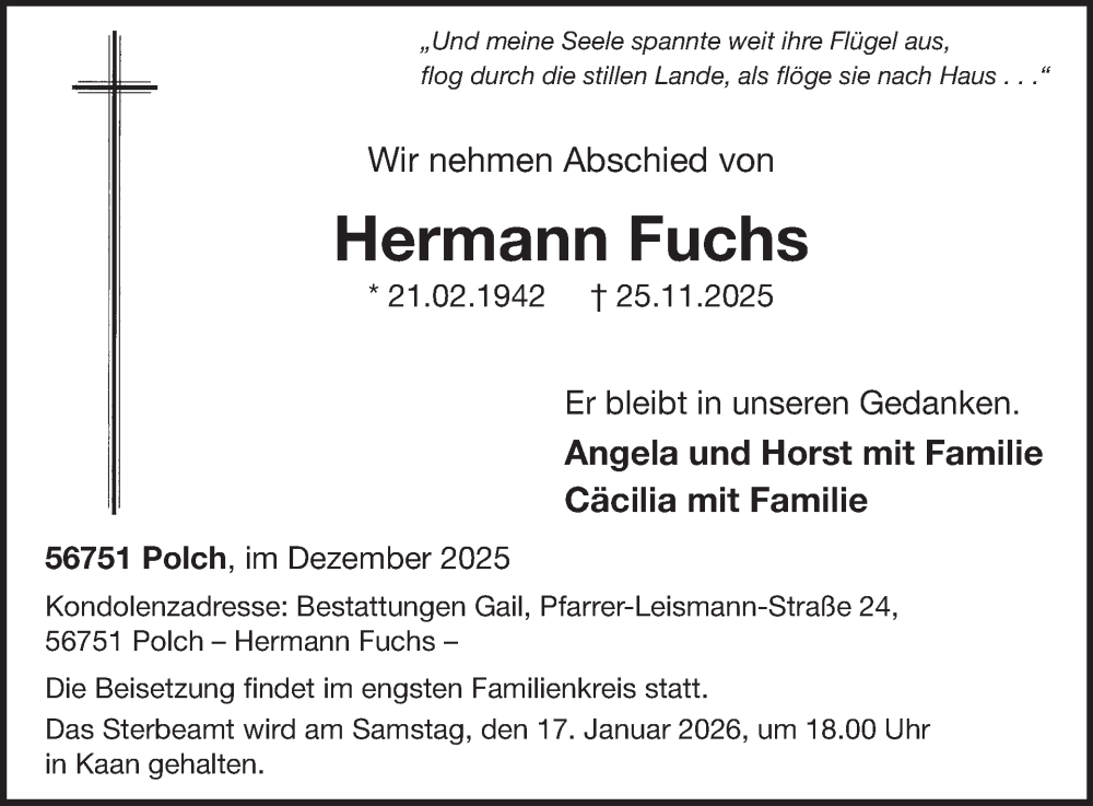  Traueranzeige für Hermann Fuchs vom 10.12.2025 aus WochenSpiegel