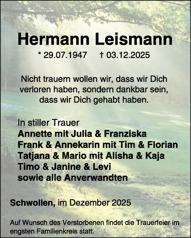  Traueranzeige für Hermann Leismann vom 13.12.2025 aus WochenSpiegel