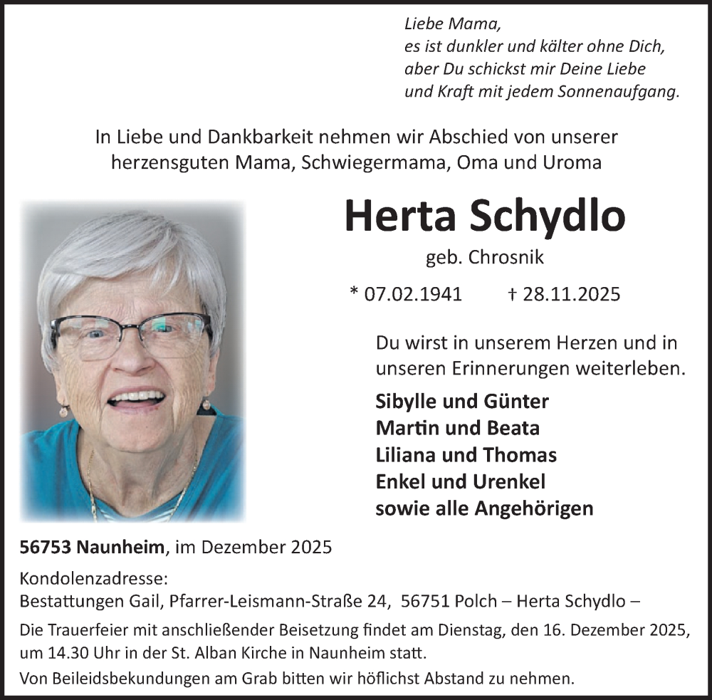  Traueranzeige für Herta Schydlo vom 10.12.2025 aus WochenSpiegel