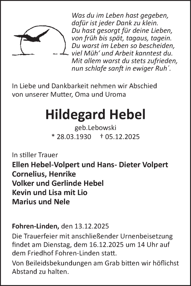  Traueranzeige für Hildegard Hebel vom 13.12.2025 aus WochenSpiegel