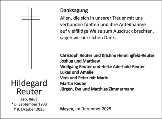 Traueranzeige von Hildegard Reuter von WochenSpiegel