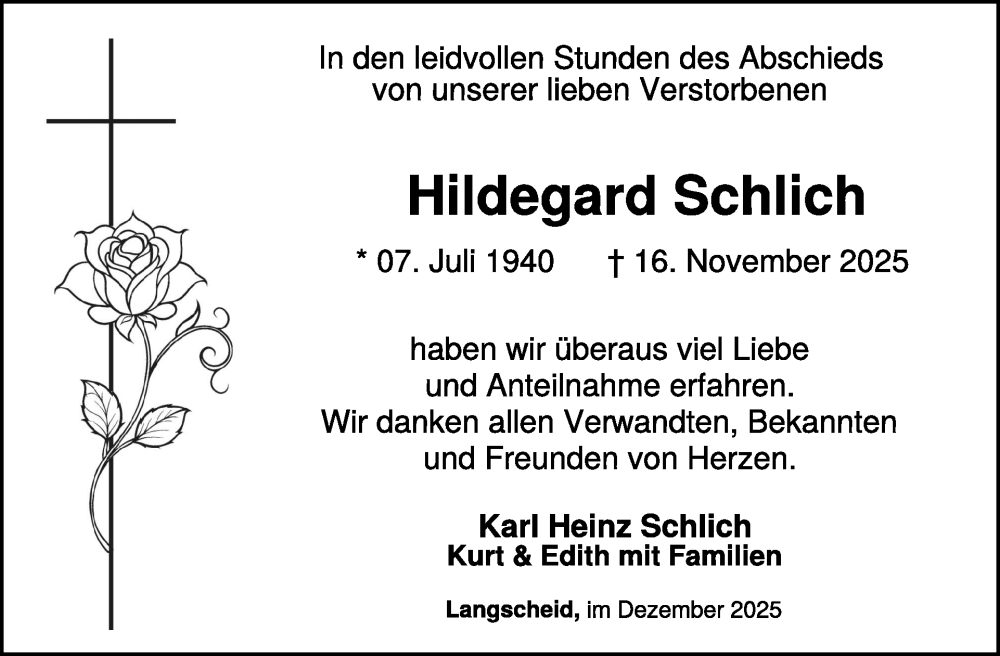  Traueranzeige für Hildegard Schlich vom 17.12.2025 aus WochenSpiegel