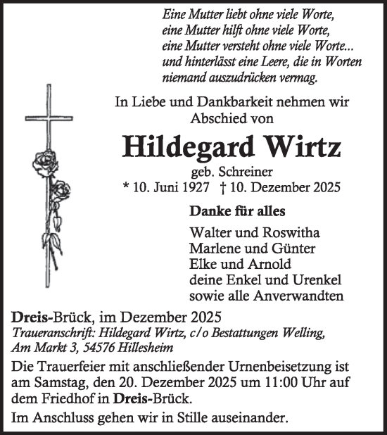 Traueranzeige von Hildegard Wirtz von WochenSpiegel