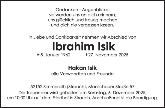 Traueranzeige von Ibrahim Isik von WochenSpiegel