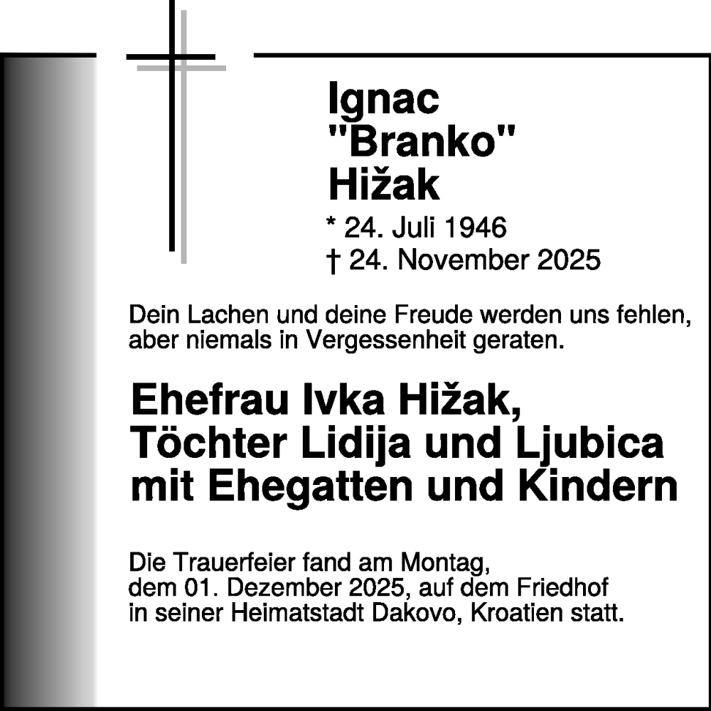  Traueranzeige für Ignac Hizak vom 03.12.2025 aus WochenSpiegel
