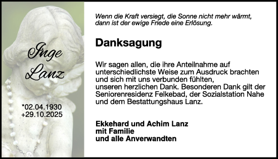 Traueranzeige von Inge Lanz von WochenSpiegel
