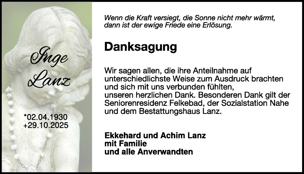  Traueranzeige für Inge Lanz vom 13.12.2025 aus WochenSpiegel