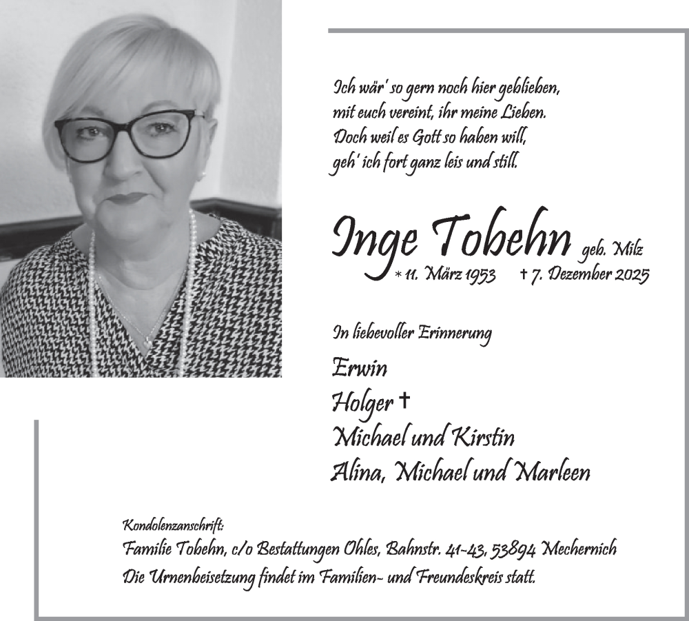  Traueranzeige für Inge Tobehn vom 17.12.2025 aus WochenSpiegel