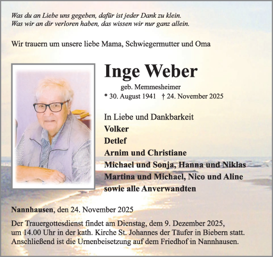 Traueranzeige von Inge Weber von WochenSpiegel