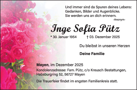 Traueranzeige von Inge Sofia Pütz von WochenSpiegel