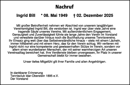 Traueranzeige von Ingrid Bill von WochenSpiegel