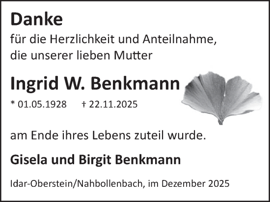 Traueranzeige von Ingrid W. Benkmann von WochenSpiegel